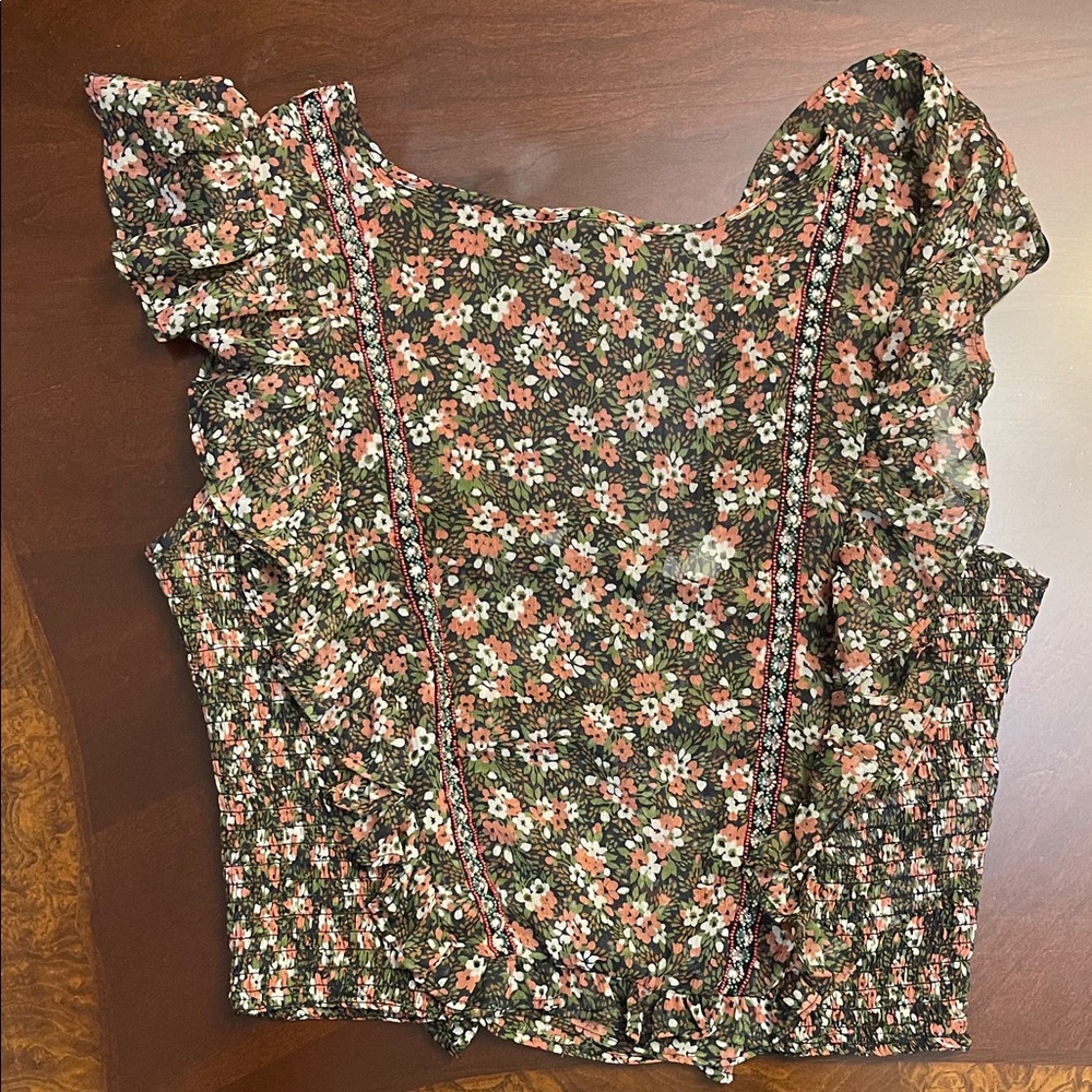 Zara Floral Ruffle Blouse in Green and Orange - Picture 2 of 6